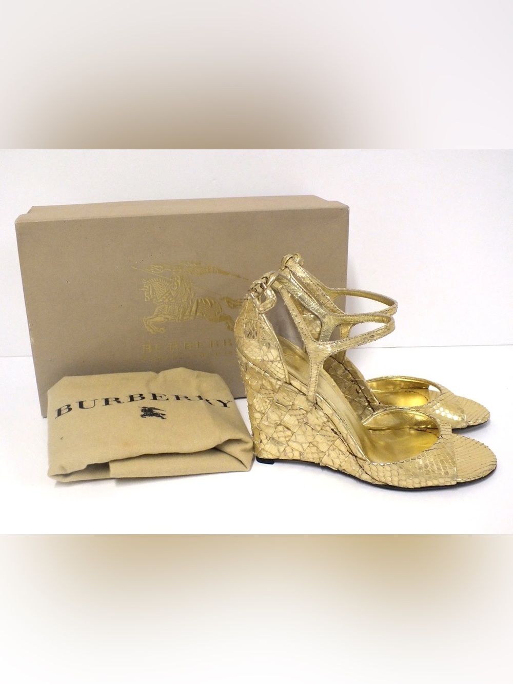 Vintage Burberry SS08: ‘Sartorial Python’ Gold Snake Strappy Wedge Sandal